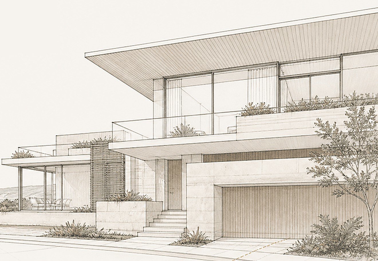Line drawing of a contemporary residence: cantilevered roof over a glazed upper storey, stone entry stair and planted terraces.