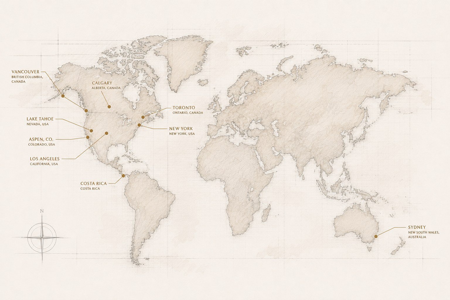 Hand-drawn world map marking EMF Aware project locations: Vancouver, Calgary and Toronto in Canada; Lake Tahoe, Aspen, Los Angeles and New York in the United States; Costa Rica; and Sydney, Australia.