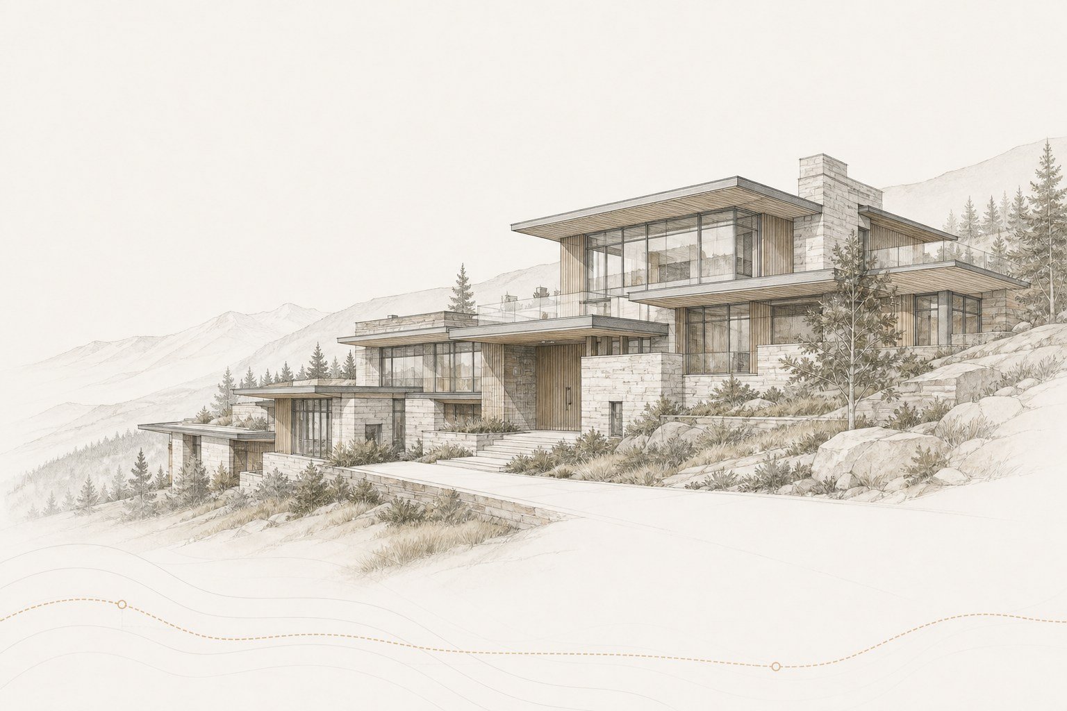 Architectural illustration of a contemporary mountain residence integrated into a sloping site.