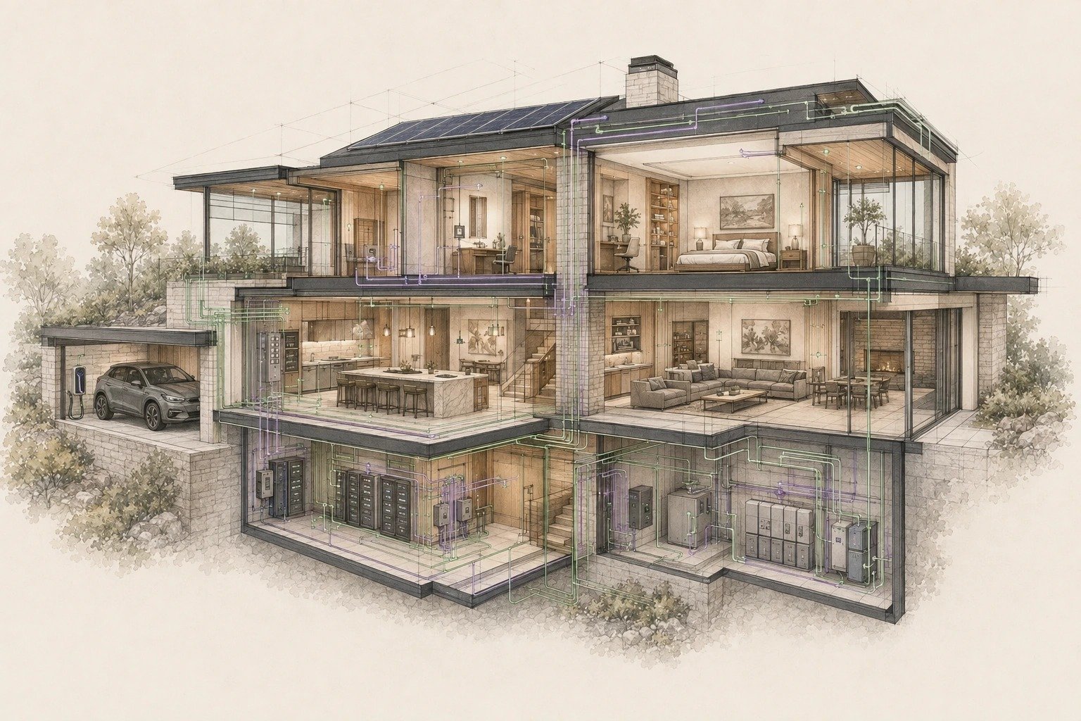 Cutaway luxury residence showing electrical, lighting, HVAC, networking, automation, solar, battery and EV systems as one interconnected ecosystem.