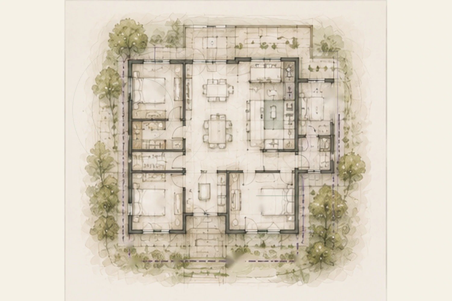 Bedroom-centered architectural planning study showing bed position, nearby infrastructure relationships and subtle distance zones.
