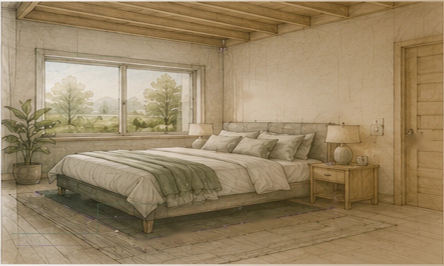 Continuous architectural bedroom section transitioning from active daytime operation to warm, visually quieter nighttime infrastructure.
